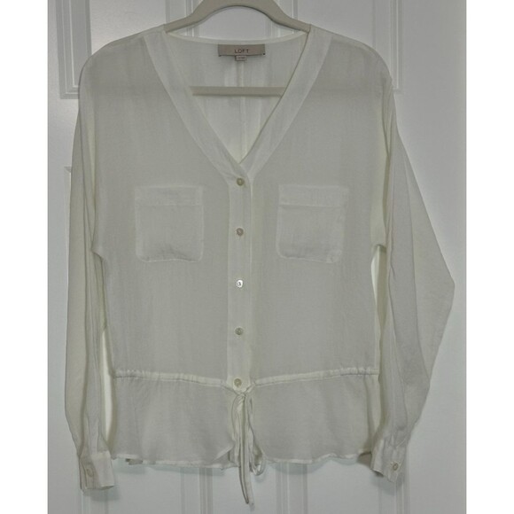 LOFT Sheer Button Front Blouse XS Drawstring Waist Clean Girl Romantic Feminine - Picture 2 of 7
